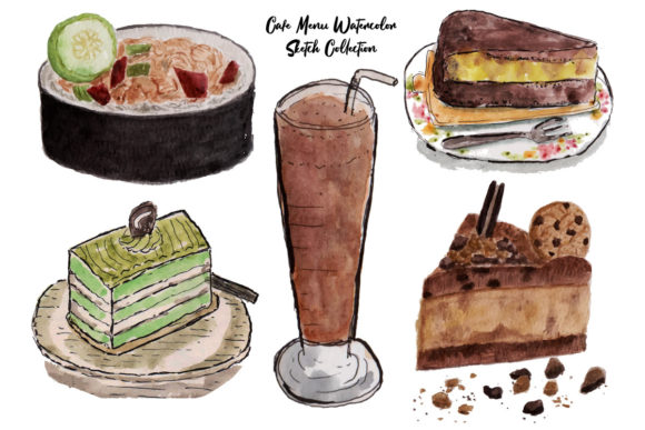 Cafe Menu Food and Drink Watercolor Illustrations