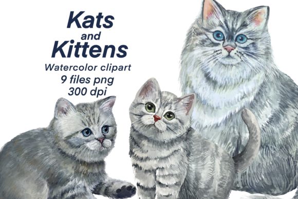 Cats and Kittens.watercolor Clipart. Illustrations