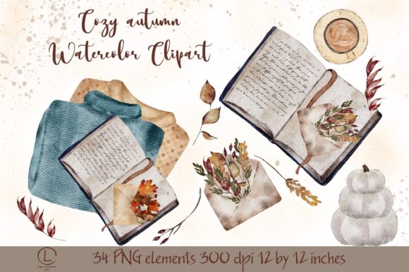 Cozy Fall Watercolor Clipart PNG and Illustrations