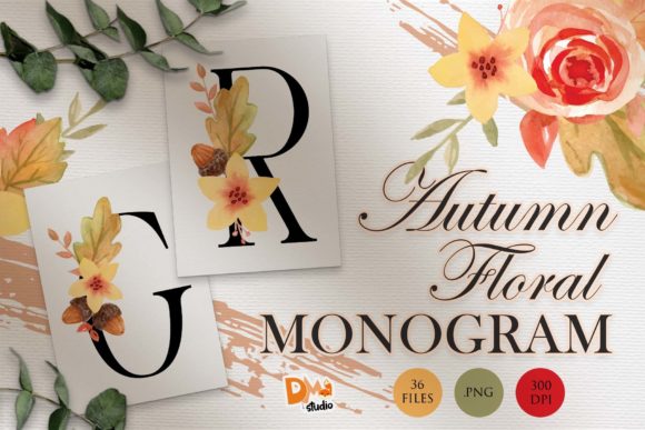 Monogram Autumn Floral Watercolor Set 2 and Illustrations
