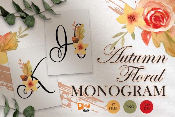 Monogram Autumn Floral Watercolor Set 3 Illustrations