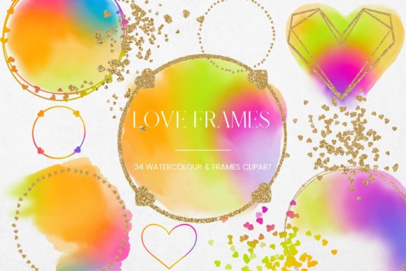 Rainbow Watercolor Gold Heart Frames Illustrations