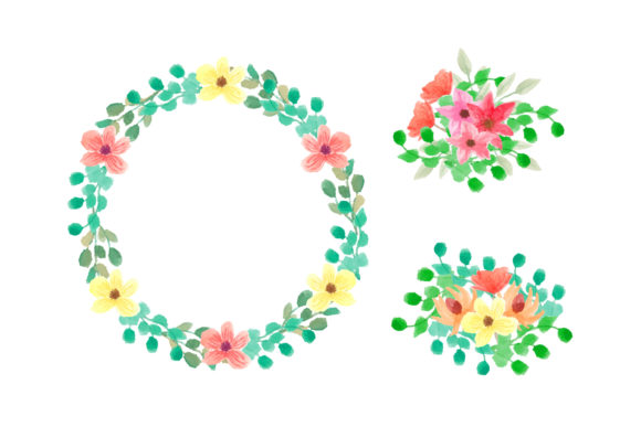 Set Flowers Wreath Watercolor Illustrations