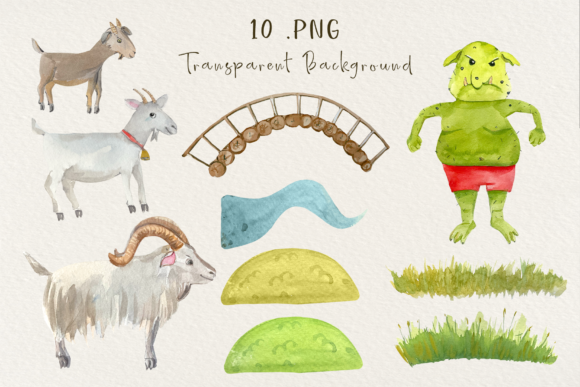 Three Billy Goats Gruff Watercolor Clip