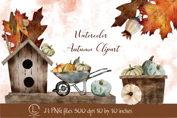 Watercolor Autumn Clipart, Pumpkins PNG