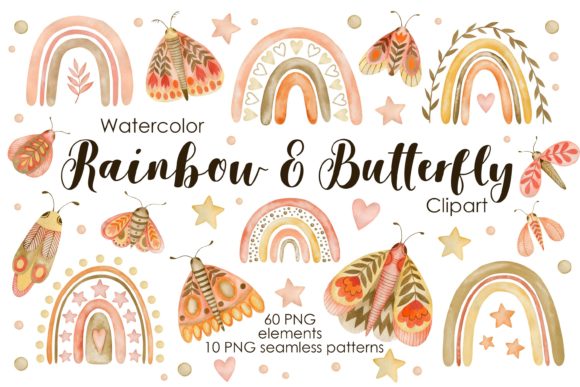 Watercolor Boho Rainbow Butterfly Illustrations