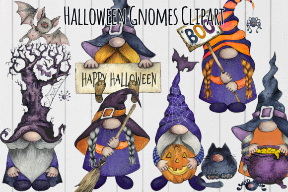 Watercolor Cute Halloween Gnome Clipart and Illustrations