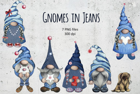 Watercolor Denim Gnomes in Jeans Illustrations