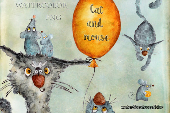 Watercolor Drawings Cat and Mouse Illustrations