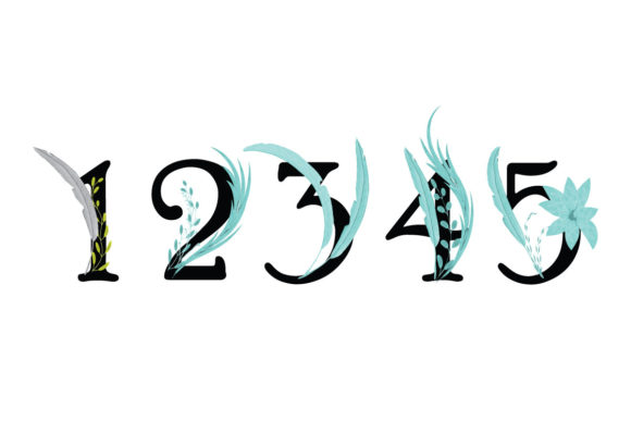 Watercolor Floral Leaf Number Set Illustrations
