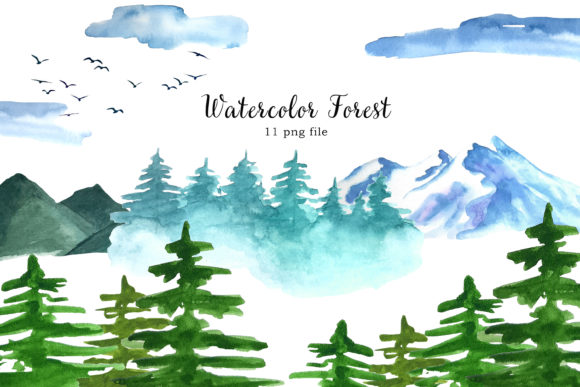Watercolor Forest Tree Clipart, Mountain Illustrations