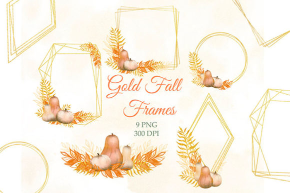 Watercolor Gold Autumn Frames Clipart and Illustrations