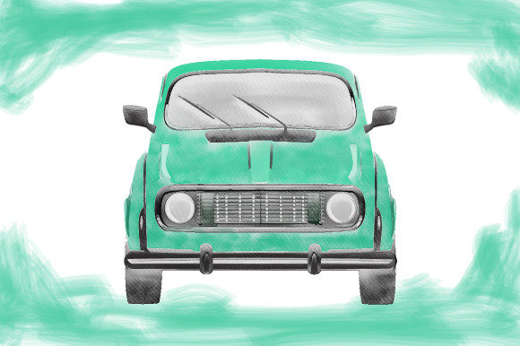 Watercolor Green Vintage Old Car Design Illustrations