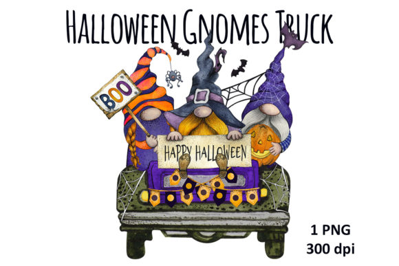Watercolor Halloween Gnome Truck Pumpkin Illustrations