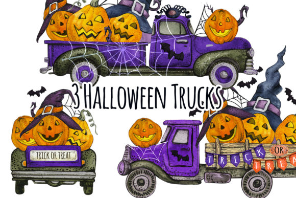 Watercolor Halloweet Truck with Pumpkins Illustrations