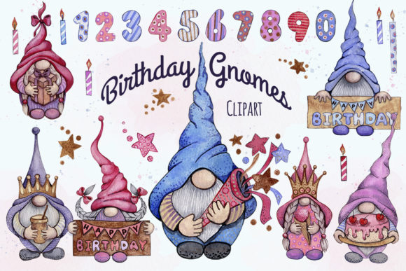 Watercolor Happy Birthday Gnome Illustrations