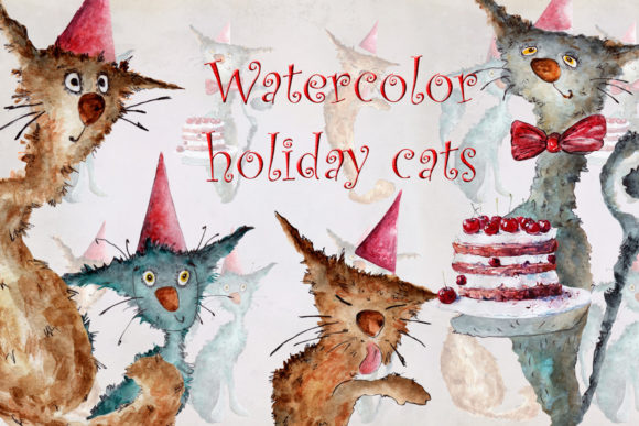 Watercolor Holiday Cats Illustrations