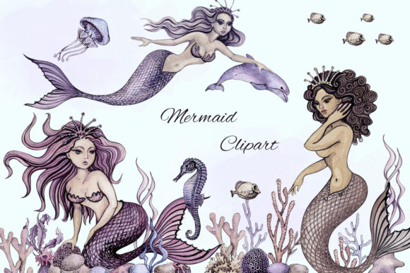 Watercolor Mermaid, Underwater Clipart
