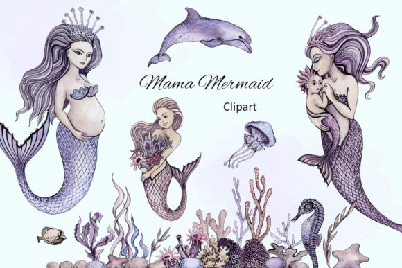 Watercolor Pregnant Mermaid Clipart and Illustrations