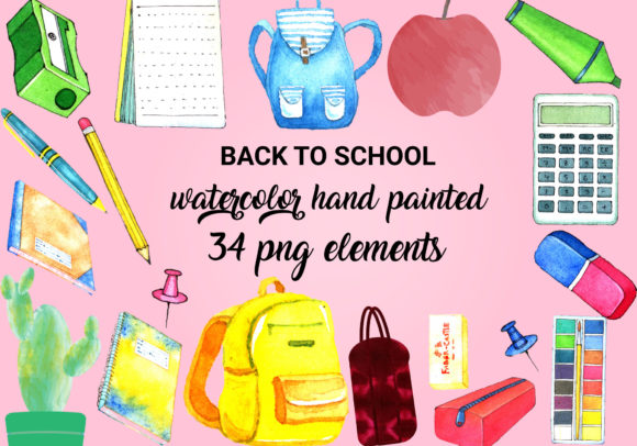 Watercolor School Hand Painted Clipart and Illustrations
