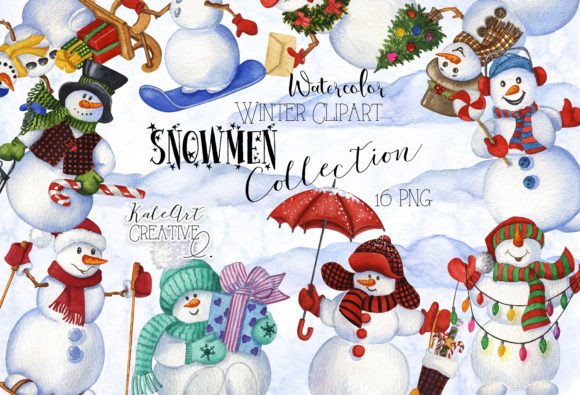 Watercolor Snowman Clipart. Winter Scene Illustrations