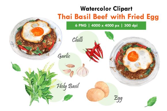 Watercolor Thai Beef Basil Menu Illustrations