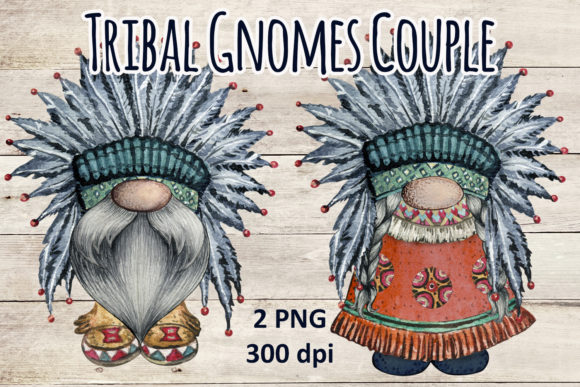 Watercolor Tribal Gnome Couple Png Illustrations