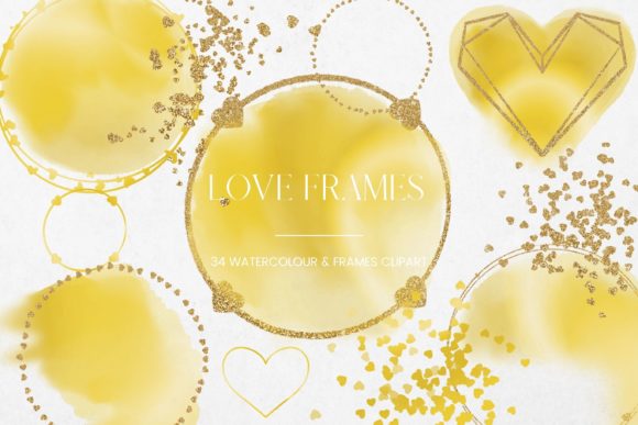 Yellow Watercolor Gold Heart Frames Illustrations